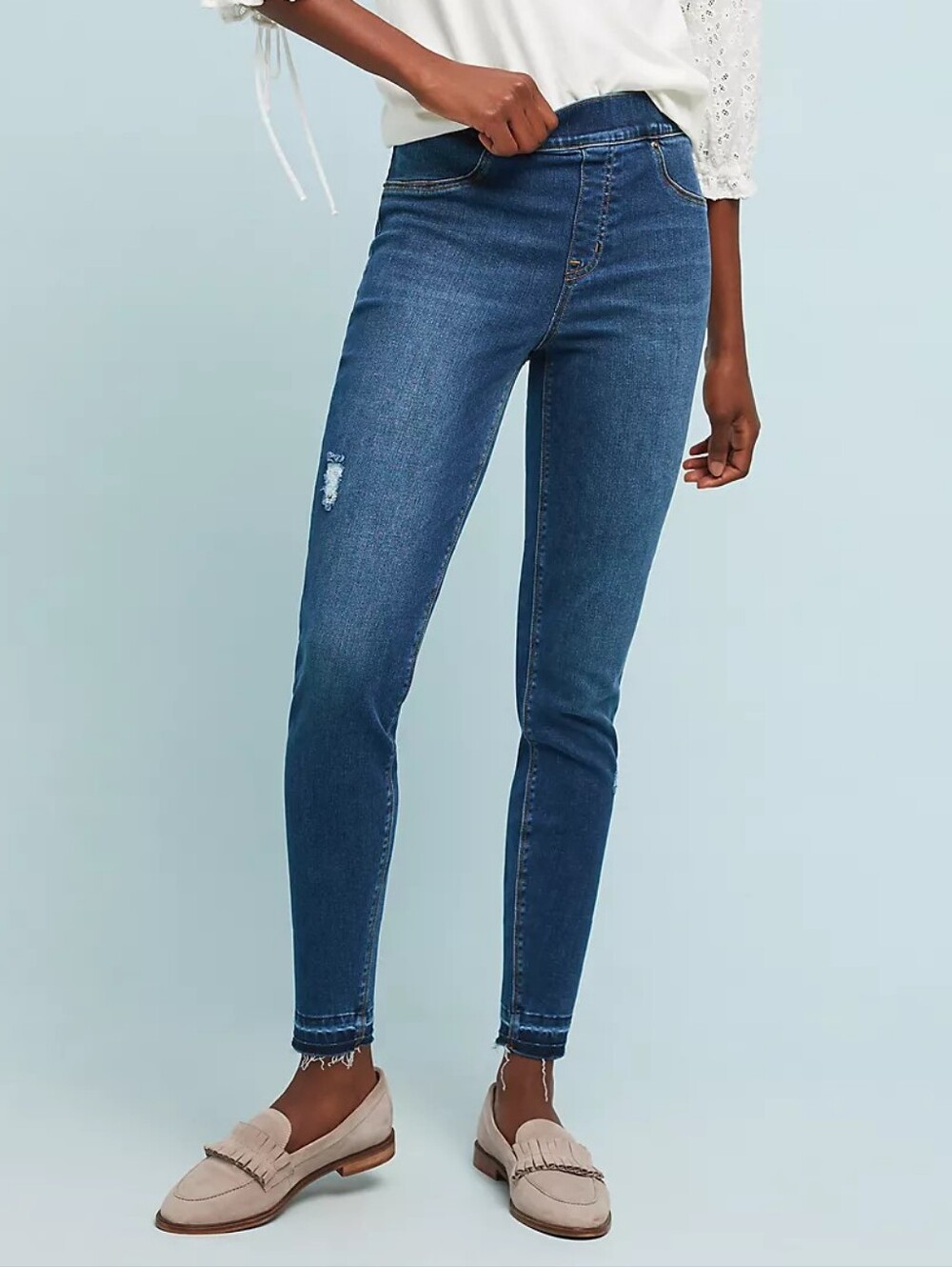 Anthropologie x Spanx Blue Jeanish High Rise Distressed Skinny Ankle Jeans